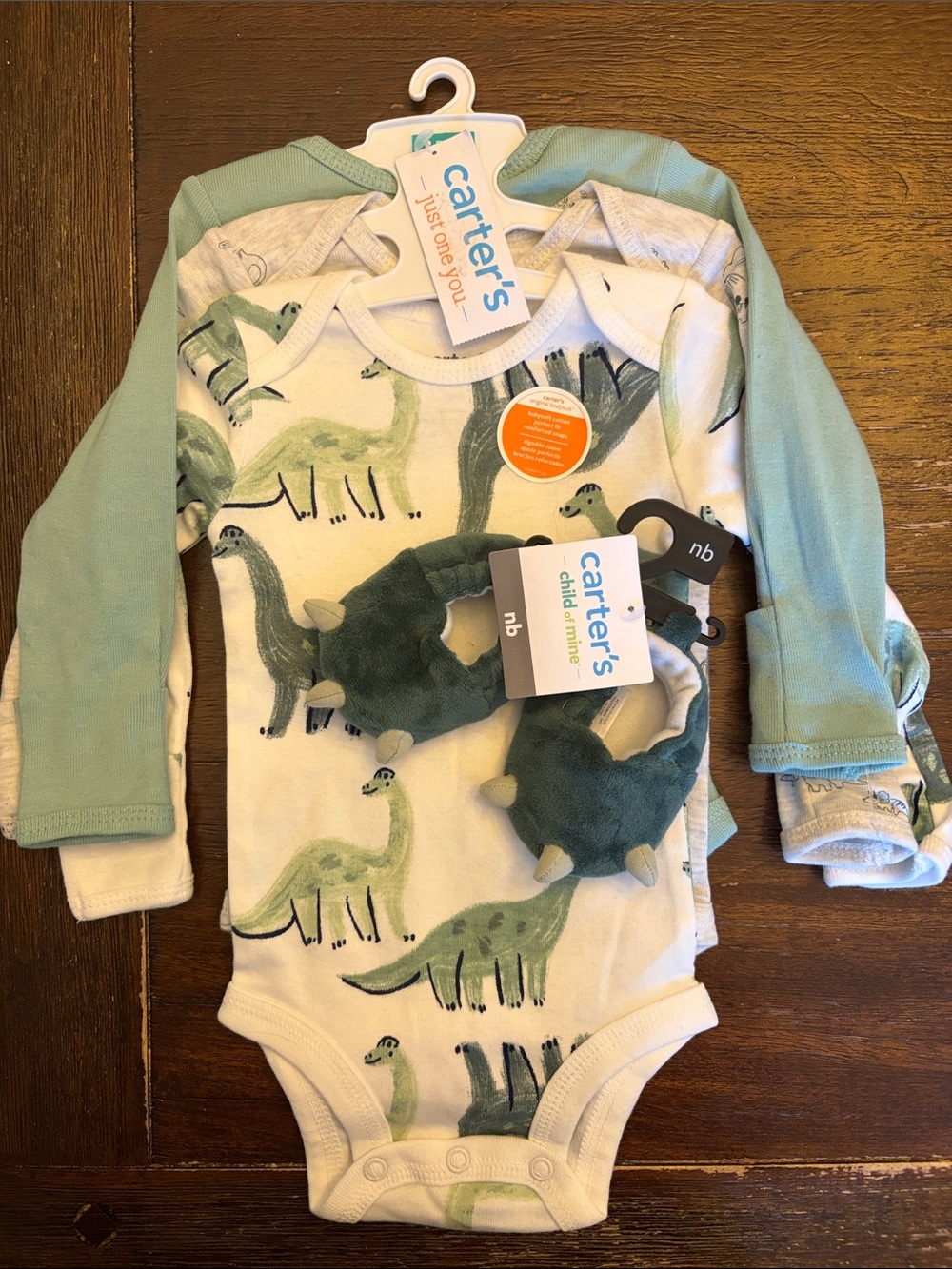 Carter's Green Dino Print & Solid Green Long-Sleeve One-Piece Set